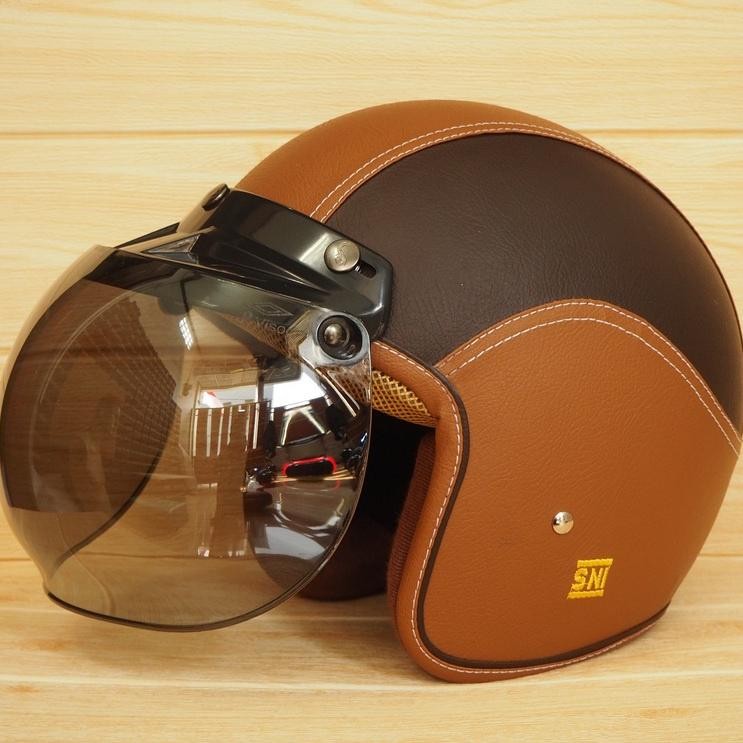 Bogo Helm Boggo Classic Glossy SnI Dewasa Pria Dan Wanita Helmet Retro Klasik Leather Sintetis Kaca 