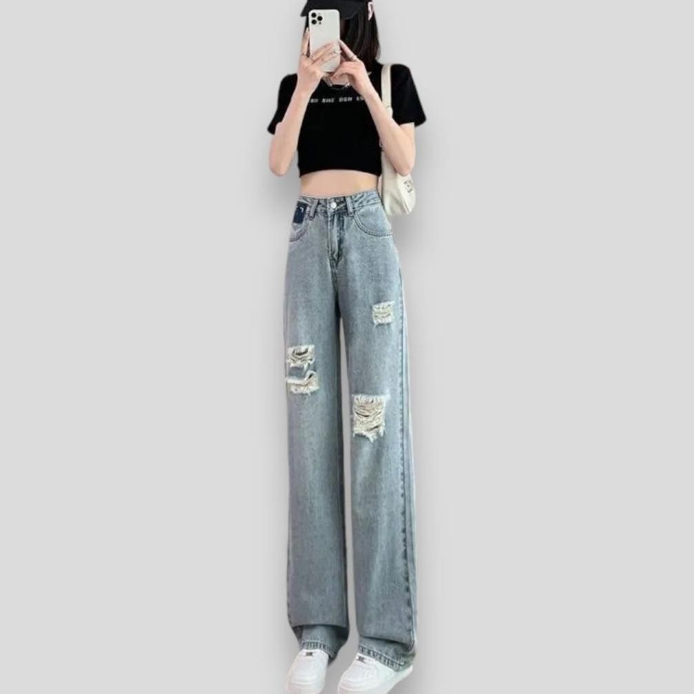 Celana Jeans Wanita Sobek Highwaist Jeans Kulot Import Premium Jeans Ripped Korean Style