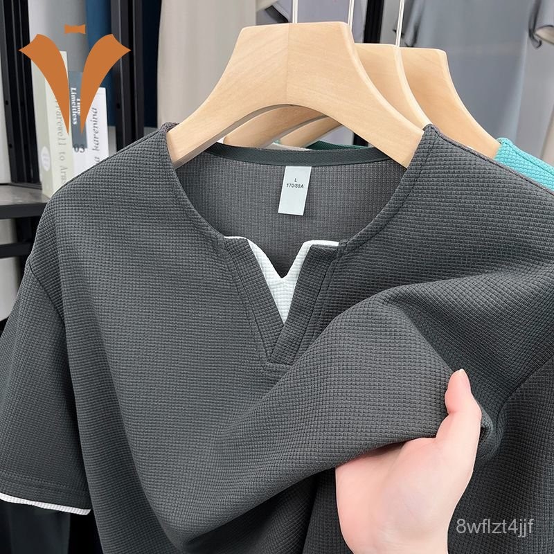 Men's Round Neck Short Sleeve T Loose and breathable shirt V Collar Waffle