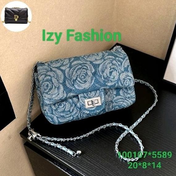 Tas import wanita terbaru, kain denim,motif bunga rose, biru #5589#