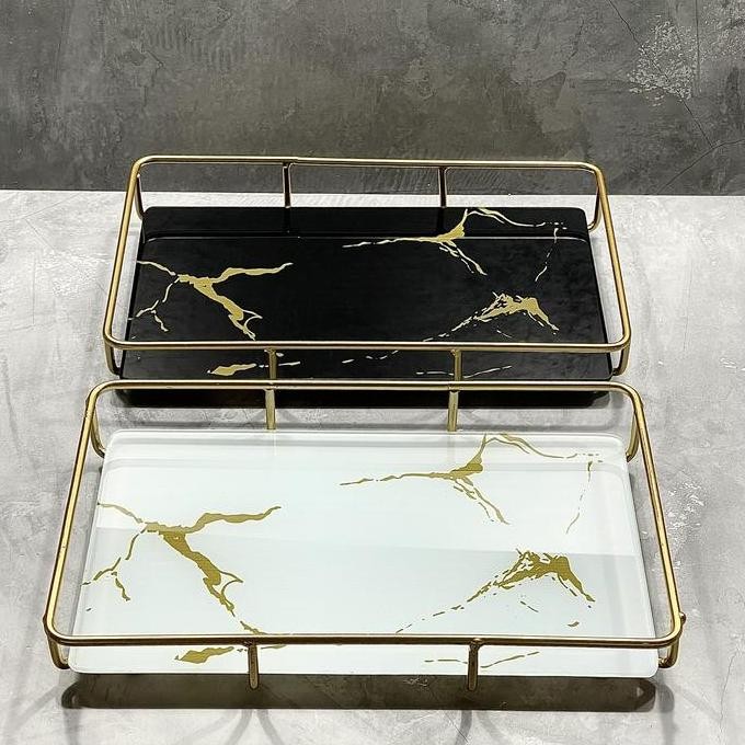 BEBAS ONGKIR - ZEN Marble Tray Kaca Persegi / Pajangan Nampan Estetik