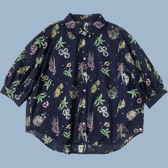 BLUS KEMEJA WANITA OVERSIZE JUMBO TWO-WAY KATUN BIRU BUNGA FLORA KOREA IMPORT