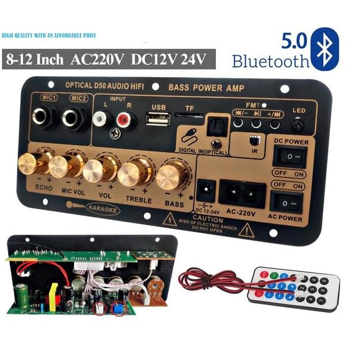 Papan Penguat Audio D50 220V 12V 24V Digital Bluetooth Amplifier Mikrofon Reverb Fungsi Penyesuaian 