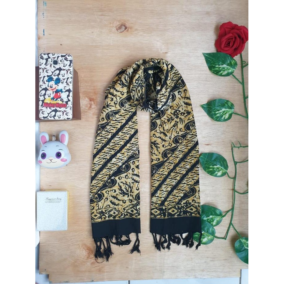 AV Syal Hitam Gold Premium - Scarf Batik Cap Parang Kuning Halus Terbaru