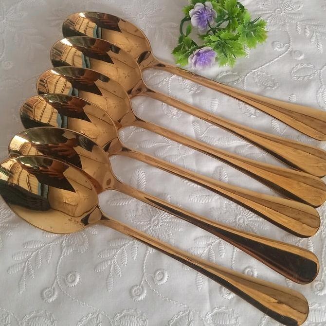 Diskon Set 6 PCS Sendok Garpu Stainless Steel Tebal Warna Kuning Emas Setengah Lusin Kitchenware