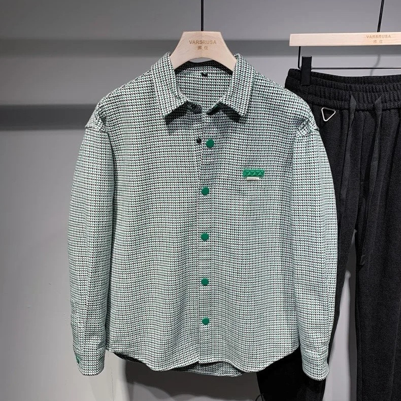 Jaket Kemeja Kotak-Kotak Gaya Korea untuk Pria, Kemeja Santai Longgar Warna-Blok