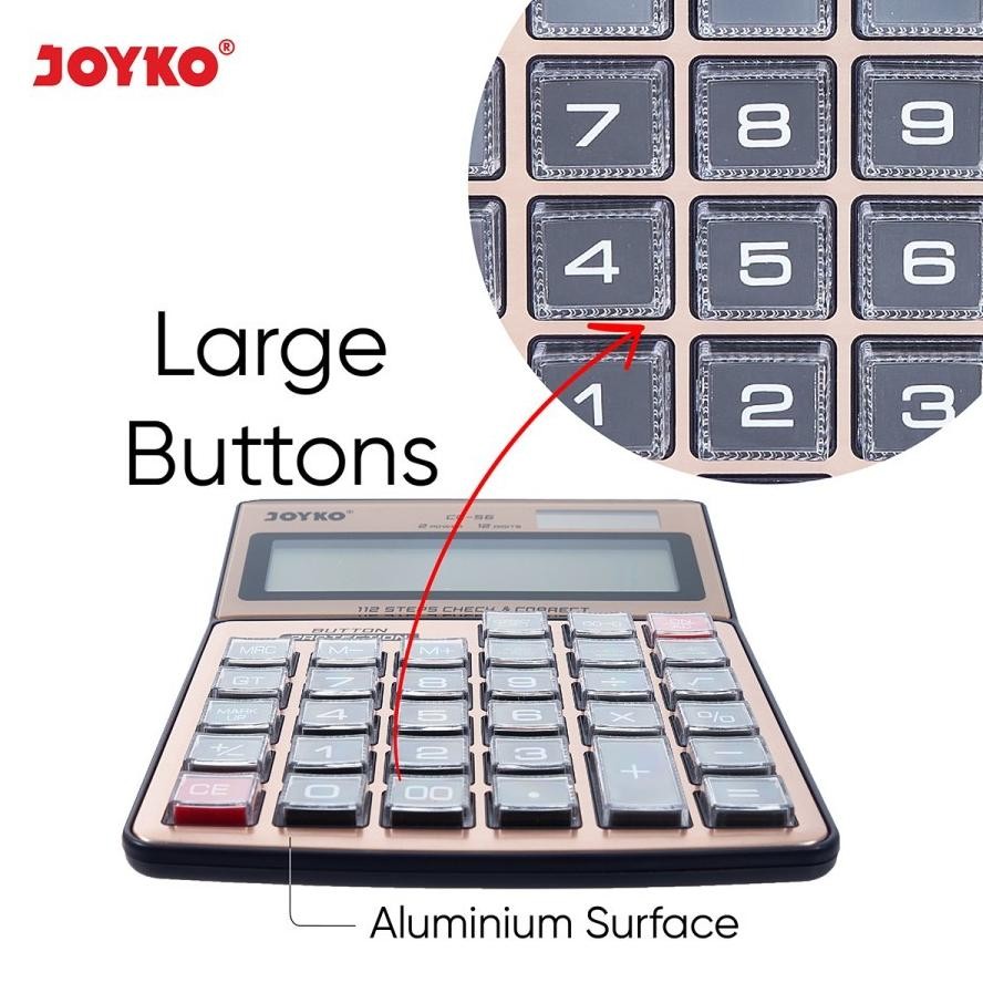 

KALKULATOR CHECK / CEK ULANG JOYKO CC-56 CALCULATOR 12Digit ALUMUNIUM SURFACE & BUTTON PROTECTION RB2