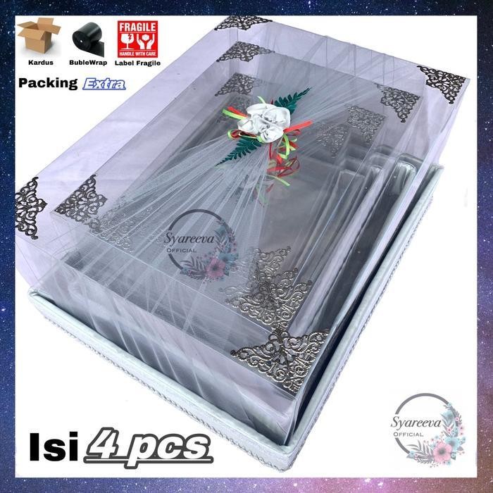 

Bis Kotak Hantaran // Parsel Seserahan Pernikahan Mika Sudut Tile Warna Silver Pita 1 Paket Isi 4