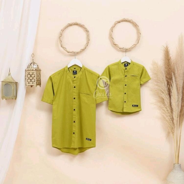 Big Sale - Qurlu - Kemeja Koko Dewasa/Anak warna HIJAU LEMON (baju couple ayah dan anak laki-laki) B
