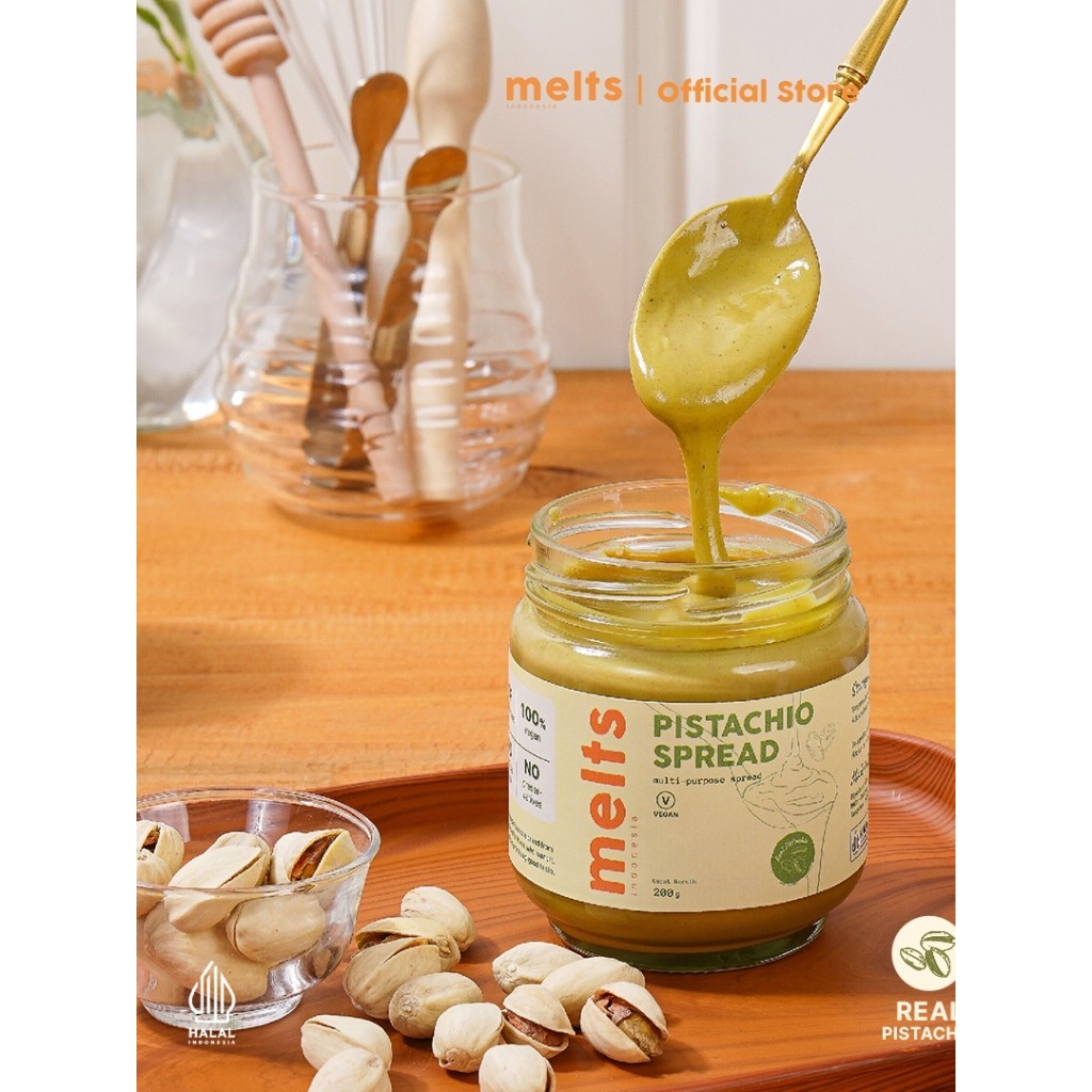 

New Melts Pistachio Spread | Selai kacang Plant Based Vegan untuk Roti Bahan Kue Baking Pastry Topping Terlaris