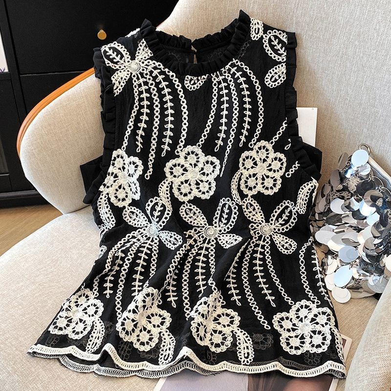 Rompi Tanpa Lengan Renda Bordir Vintage Musim Panas Baru Blus Chiffon Longgar