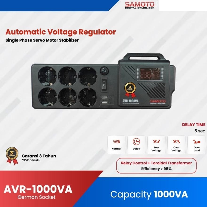 SAMOTO Stabilizer Relay 1000VA GERMANY Socket Colokan Stop Kontak AVR Stabiliser Relay Controlled Se