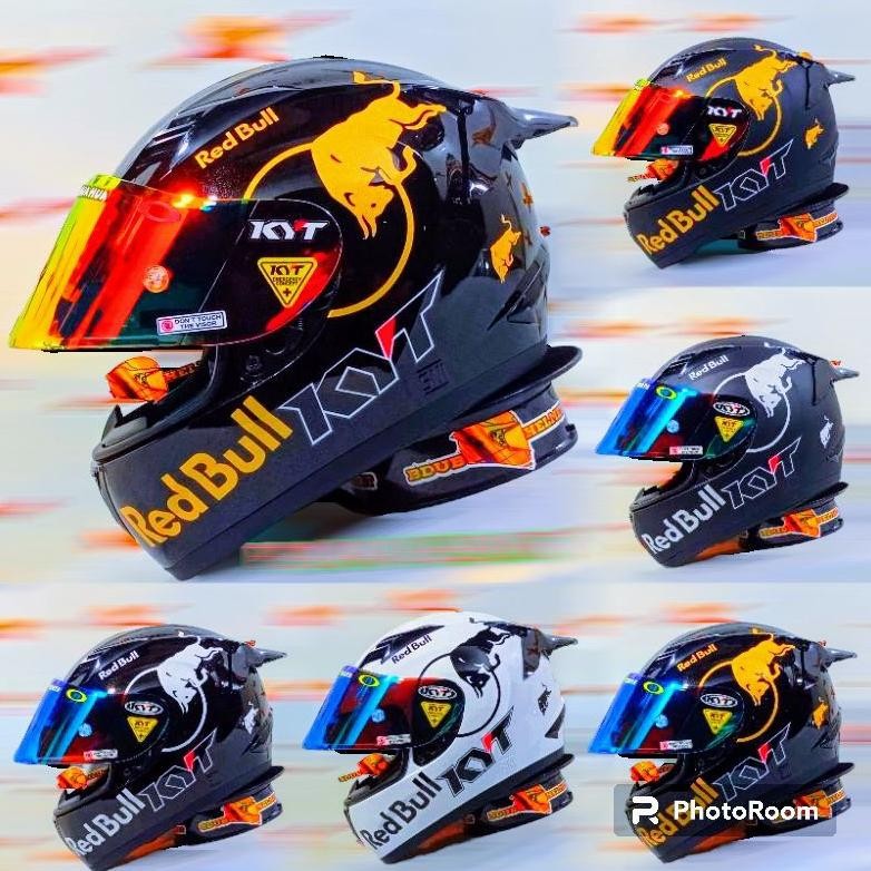 Terlaris Helm Full Face Kyt R10 Black Doff Red-Bull (Paket Ganteng) (Gratis Kaca Ori)