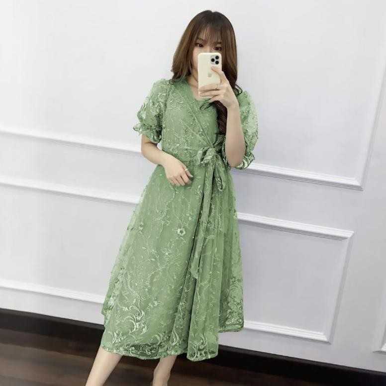 Big Sale MIDI DRESS NATAL LIVINA | REKOMENDASI OUTFIT BAJU PESTA KONDANGAN WANITA GAYA KOREA BROKAT 