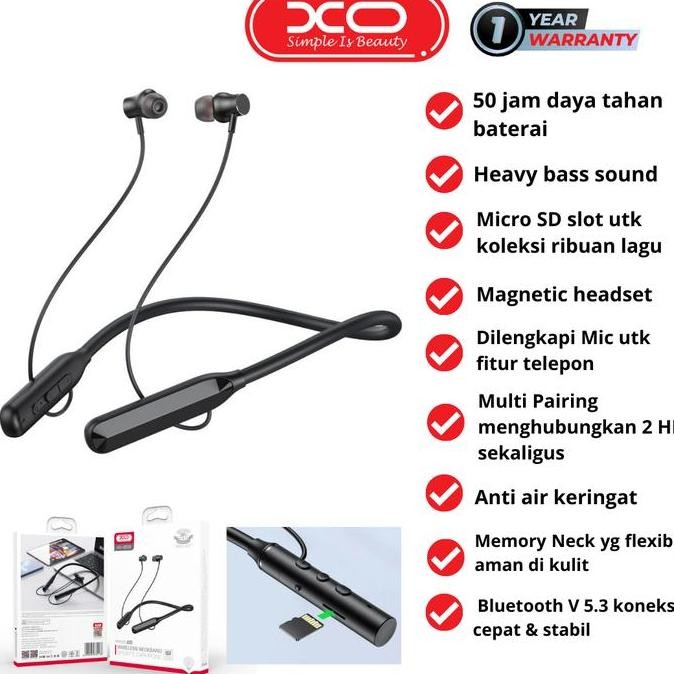 TERBARU - XO Sport Neckband Magnetic Bluetooth Earphone Headset w/Micro SD BS30