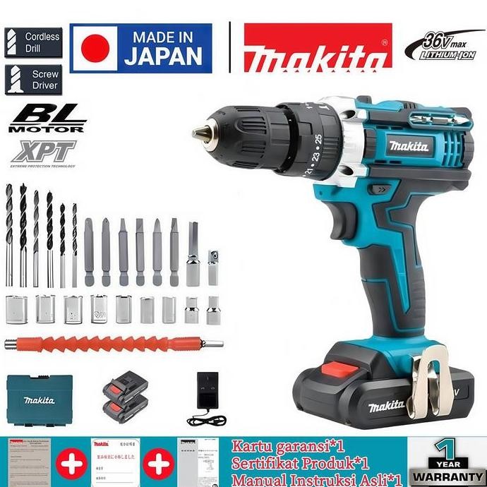 Makita HP333D 36V Bor Impact Nirkabel dari Jepang, daya tinggi baterai lithium, buku petunjuk origin