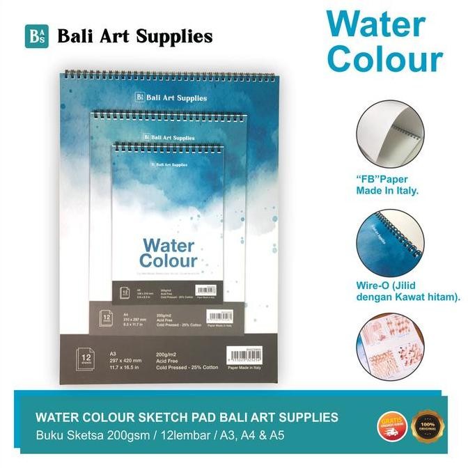 

Water Colour Book Bali Art Supplies / Buku Gambar & Sketsa Wire Bound SketchPad (12 lembar A3 A4 A5 200 gsm)