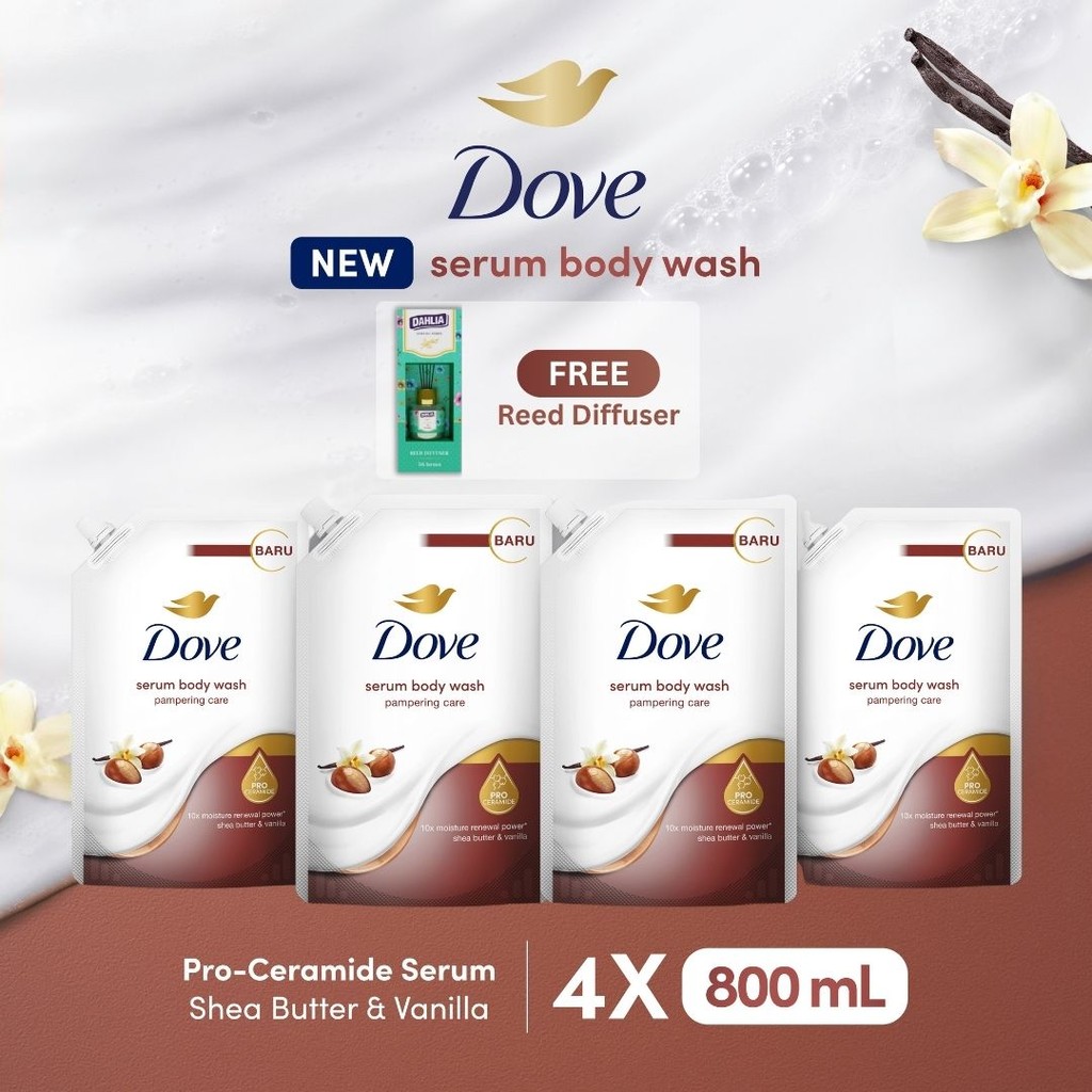 Buy 4 Dove Serum Body Wash Pro-Ceramide - Pampering Care 800ml FREE Dahlia Reed Diffuser