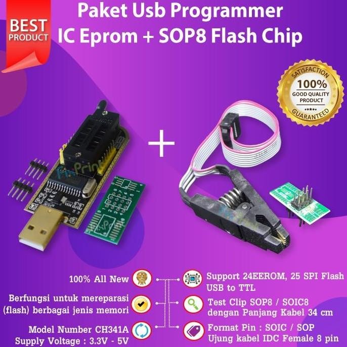 USB Programmer IC Eprom CH341A + Penjepit SOP8 Flash Chip New murah