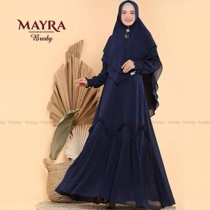 BAJU BUSANA MUSLIM GAMIS MAYRA SYARI NAVY CERUTY KHIMAR 2 LAYER