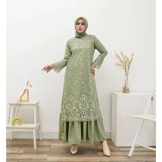 Gamis paramitha pesta dress brukat tile moscrepe wisuda hijau sage