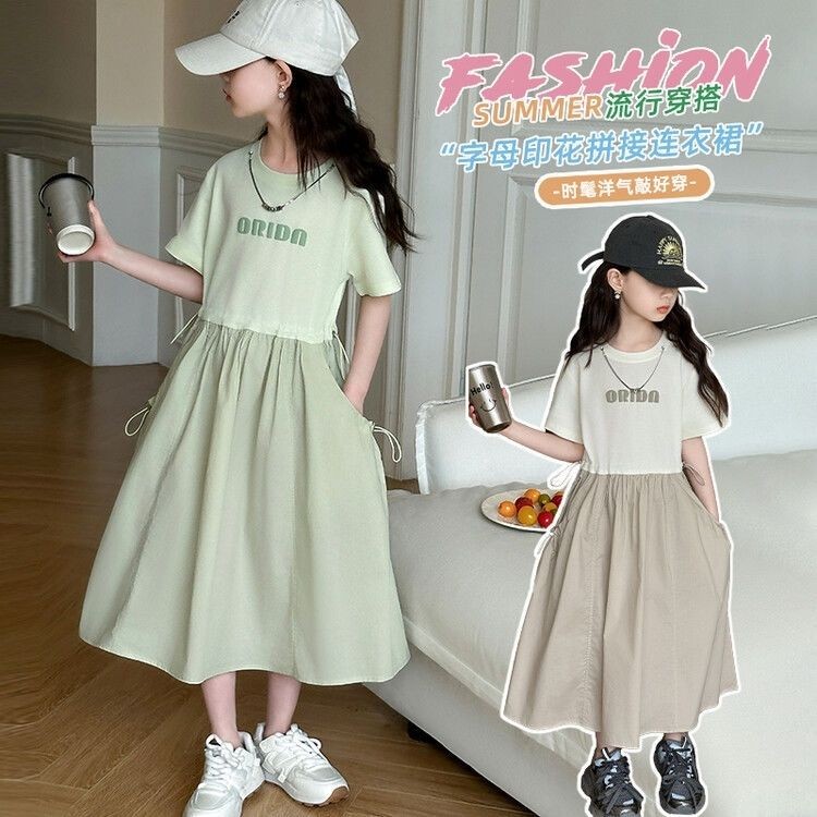 Gaun Lengan Pendek Musim Panas untuk Gadis Gaun Panjang Sedang2025Gaya kasual musim panas warna soli