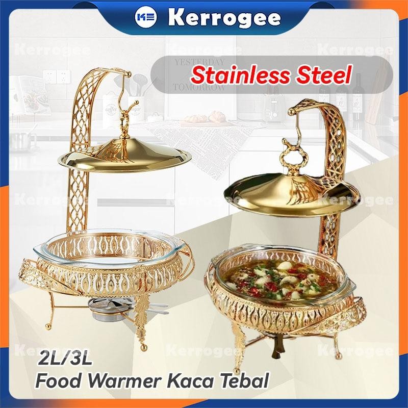 (Ready) Food Warmer Wadah Kaca Tebal Gold Gold Rolltop Hanging Chafing 2L/3L Cover Chafer Perasmanan