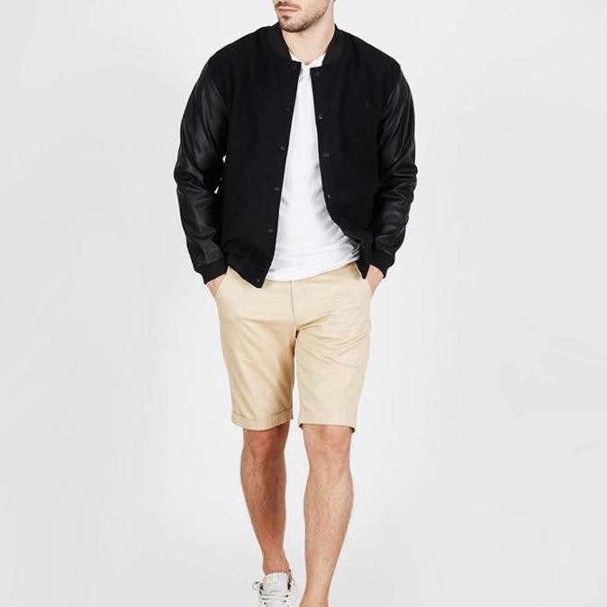 Vm Jaket Varsity Black Fleece Kulit - Baseball Hitam