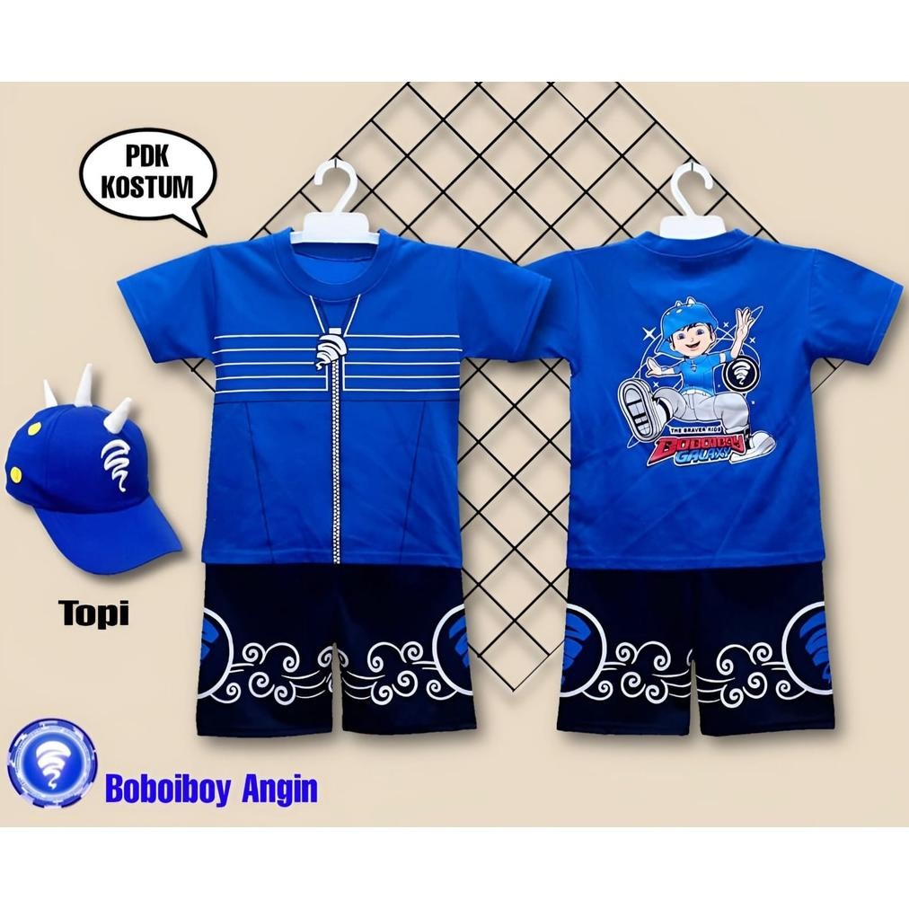 Kekinian TERBARU ...SETELAN ANAK LAKI-LAKI BAJU KOSTUM BOBOIBOY ANGIN SET TOPI/STELAN BAJU BOBOBOY/B