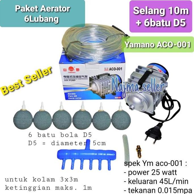 Paket Aerator 6 Lubang Yamano Aco-001. Airstone Bola. Untuk Ternak Budidaya Ikan Kolam Aquarium. Kua