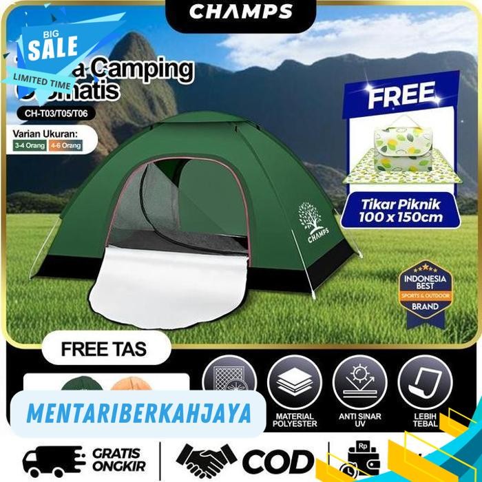 CHAMPS TENDA CAMPING  KAPASITAS 3-5 ORANG  DENGAN ALAS TENDA ANTI AIR HUJAN OTOMATIS OUTDOOR & INDOO