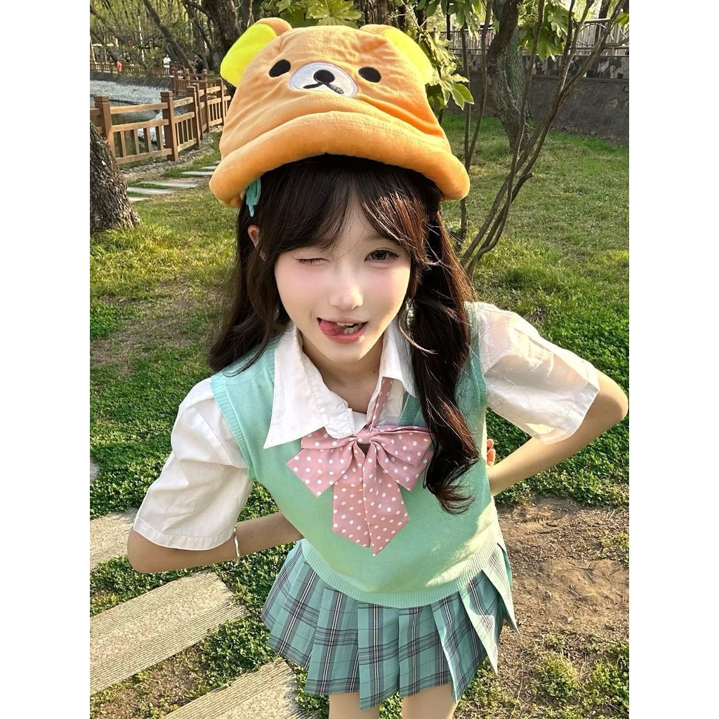 ChuRan2025 Seragam JK Baru V-Neck Rajutan Sweater Tren Mode Kemeja Rok Pendek Setelan