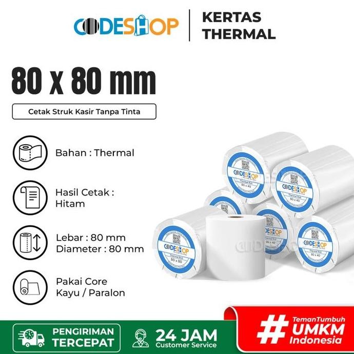 

BEBAS ONGKIR - 1 SLOP Kertas Kasir Printer Kertas Thermal CODESHOP 80X80 isi 10roll
