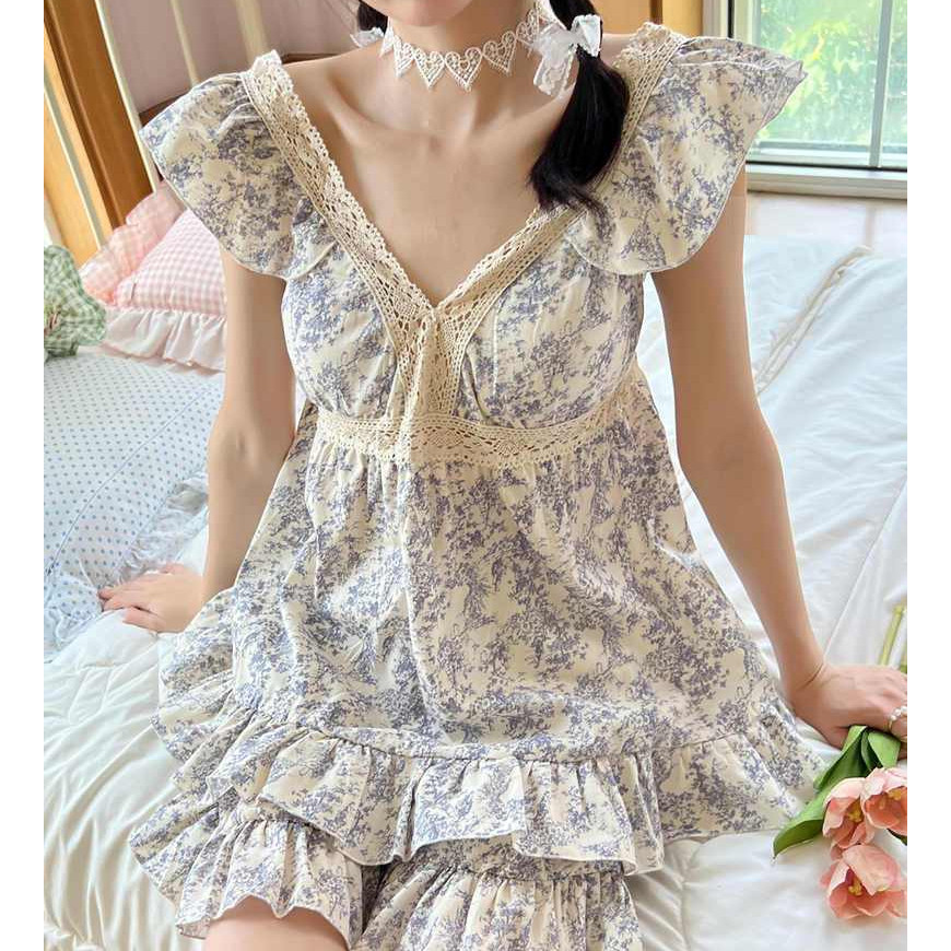 Lazy night Set Piyama Pendek Renda Bunga Manis Baru Dengan Bantalan Dada Import