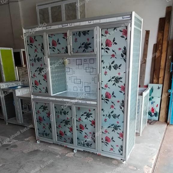 Rak Piring Aluminium Kaca Motif 4 Pintu Promo