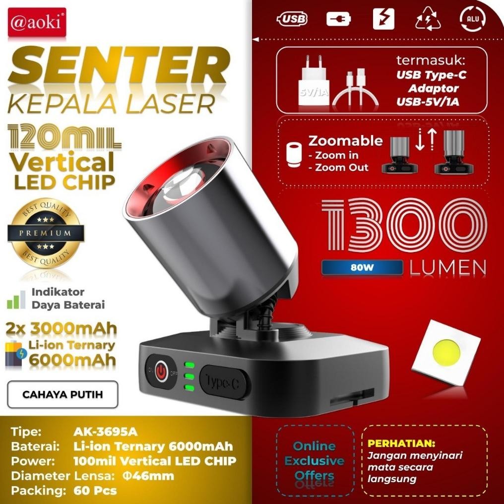 Senter Kepala Led Laser AOKI AK-3695A 80Watt 1300 Lumen Baterai 6000Mah - Zoom Jarak Jauh Dengan Ind