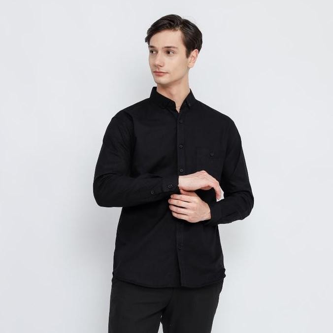 Murah Kemeja Polos Flanel Lengan Panjang Pria Premium Quality Warna Hitam