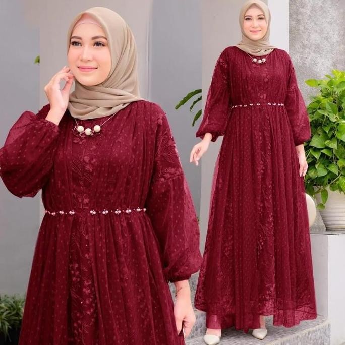Gamis Salina Tile Mutiara Busui Dress dengan Tangan Wudhu Friendly dan Aksesoris Mutiara di Pinggang