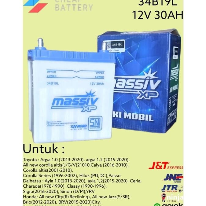 ''Terlaris" Aki Mobil Agya, Ayla, Calya, Sigra  34B19L Massiv Xp Aki Basah Murah