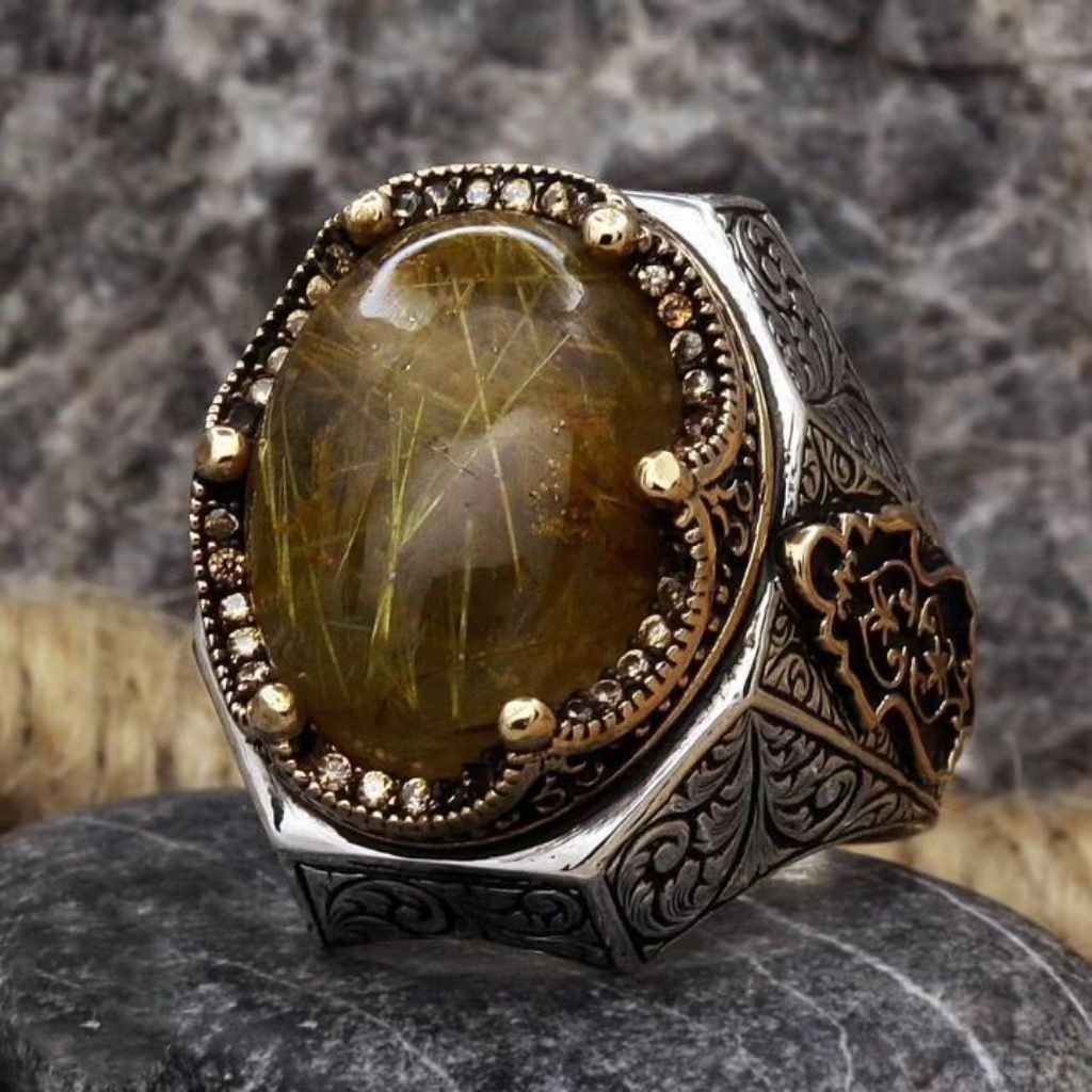 Cincin Pria Mahkota Vintage Cembung Cincin Serbaguna Cincin Terukir
