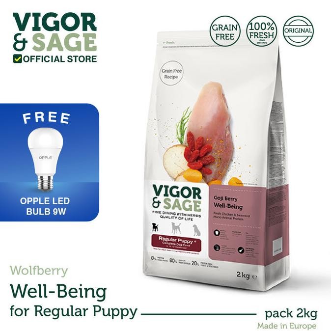 

Vigor & Sage Goji Berry Wellbeing Regular Puppy 2 Kg FREE OPPLE Lampu LED Bulb 9W
