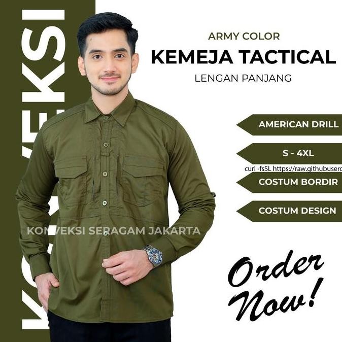 Baju Kemeja Tactical Pria Lengan Panjang - Seragam Kerja Dinas Lapangan Tactical Warna Hijau Army - 