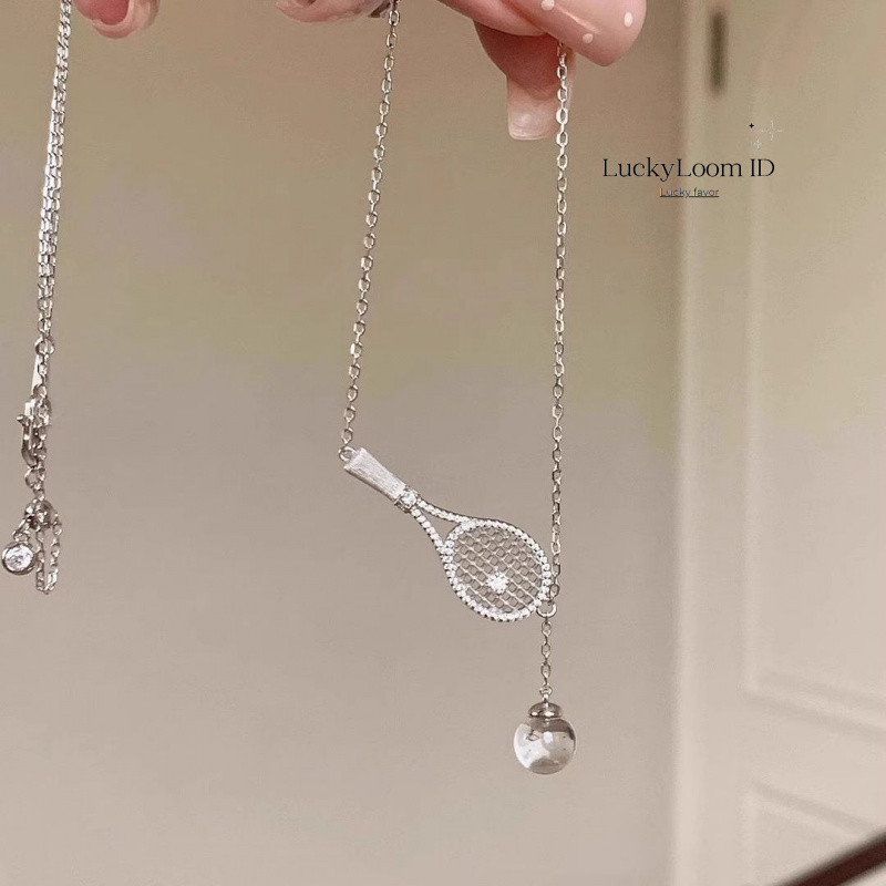 Brushed Tennis Racket Necklace Silver Exquisite Tennis Transparent White Pendant Collarbone Chain
