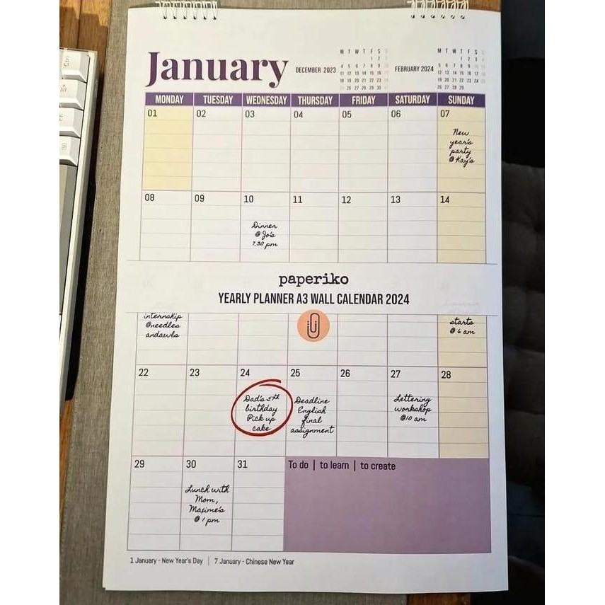 

New PAPERIKO 2025 A3 Wall Planner Calendar/ Kalender Catatan