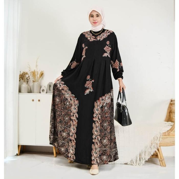 Baju Gamis Hitam Wanita Abaya Batik Muslim Rayon Lebaran Kondangan