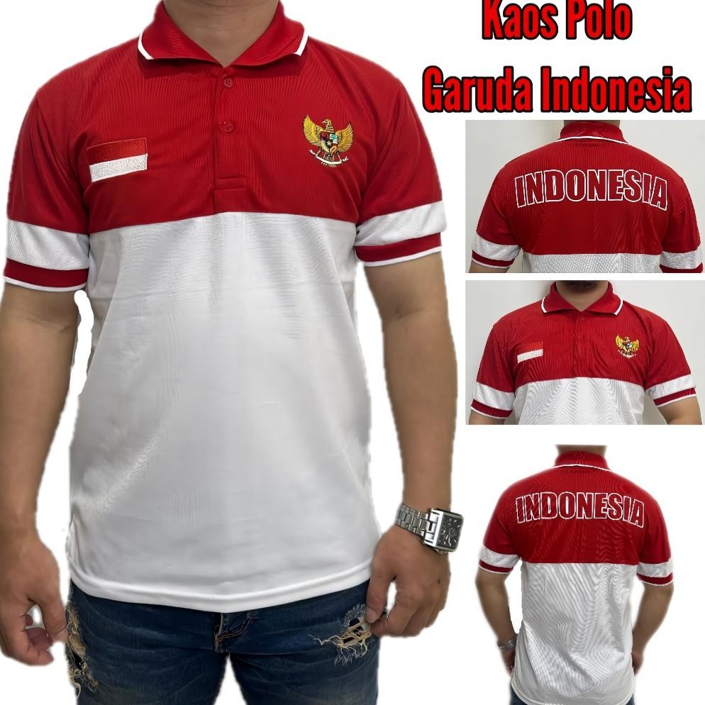 Kaos Kerah Merah Putih / Baju Merah Putih Logo Garuda Indonesia / Polo Shirt Logo Bordir Garuda