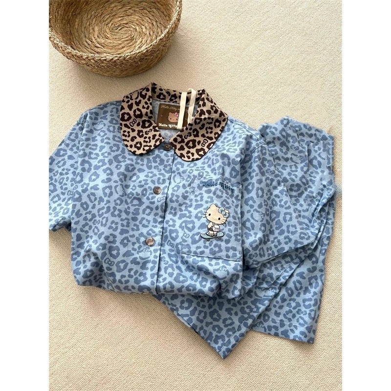 Lazy night Piyama Wanita Motif Macan Tutul Biru Hello Kitty Piyama Lengan Pendek Celana Pendek Set B