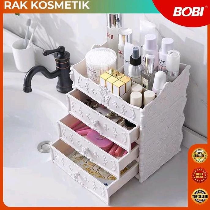 RAK KOSMETIK TEMPAT MAKE UP 3 LACI SUSUN MODEL EROPA DENGAN EMBOS BUNGA CANTIK - PLASTIK, PUTIH, HAD