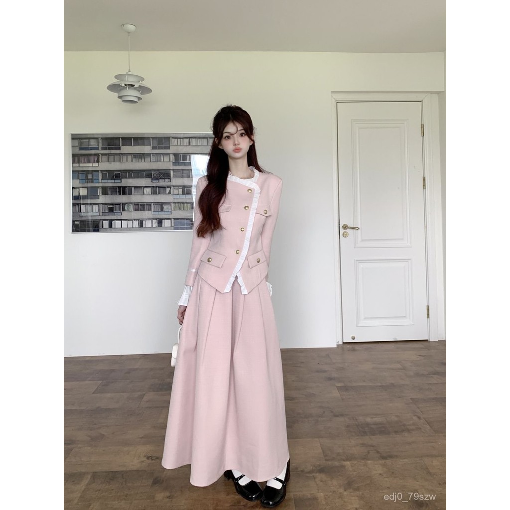 Women's Elegant Ruffled Design Chanel Style Long Sleeve Top Coat Long Umbrella Skirt Two-Piece Set