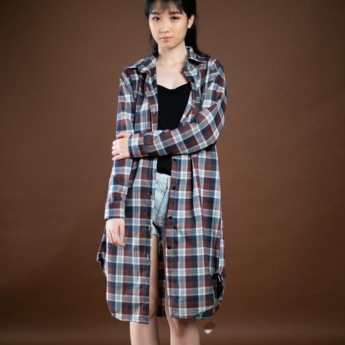 New tunik kemeja flanel / tunik hijab wanita / kemeja panjang wanita motif kotak kotak Atasan Kancin